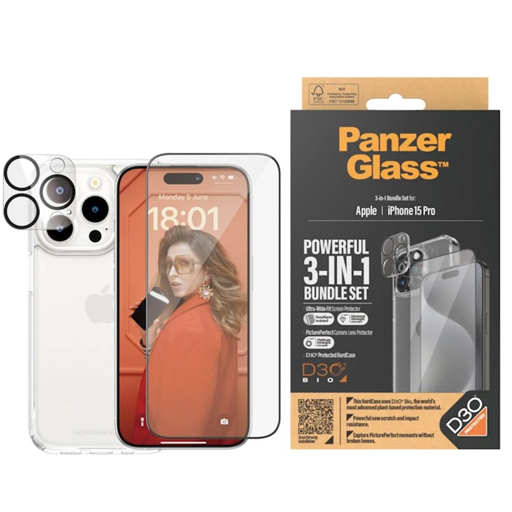 PanzerGlass Bundle PanzerGlass iPhone 15 Pro - Zaštitno staklo, Anti-špijunski filter, Oleopobična prevlaka, Jednostavna instalacija do 80 karaktera - image 1