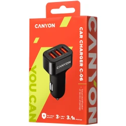 CANYON C-06 Universal 3xUSB car adapter Input 12V-24V Output 5V-3.1A black rubber coating+black metal ring - thumbnail 5
