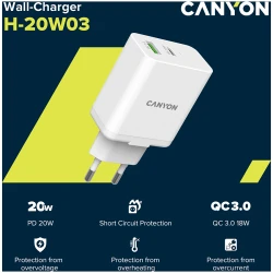 Canyon PD 20W/QC3.0 18W WALL Charger with 1-USB A+ 1-USB-C   Input: 100V-240V Output: - thumbnail 4