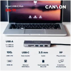 CANYON 9 in 1 USB C hub with 1*HDMI: 4K*30Hz1*Gigabit Ethernet 1*Type-C PD charging port - thumbnail 4