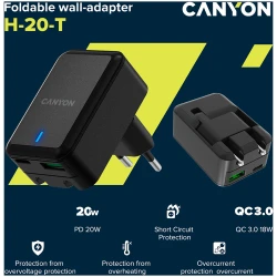 CANYON H-20Т PD 20W/QC3.0 18W WALL Charger with 1-USB A+ 1-USB-C Input: 100V-240V Output: 1 - thumbnail 5