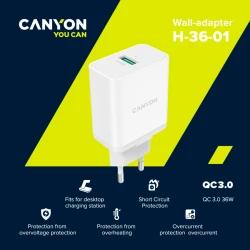CANYON H-36-01 QC3.0 36W WALL Charger with 1-USB A   Input: 100V-240V Output: - thumbnail 5