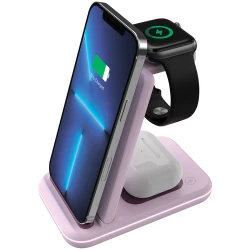 CANYON Bežični punjač WS-304 15W 3u1 Iced Pink - Brzo bežično punjenje, Kompatibilnost sa više uređaja, Elegantni dizajn, Sigurno i efikasno - thumbnail 1