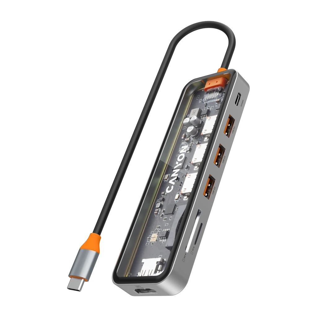 CANYON DS-13 USB-hub Size: 137.9mm*42.7mm*15mm Weight: 167.5gCable length: 155mm Material: Zinc alloy+Tempered glass+TPE Port: Type-C - image 1