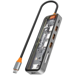 CANYON DS-13 USB-hub Size: 137.9mm*42.7mm*15mm Weight: 167.5gCable length: 155mm Material: Zinc alloy+Tempered glass+TPE Port: Type-C - thumbnail 1
