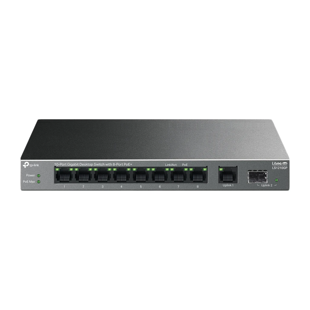 TP-Link LS1210GP 10-Port Gigabit Desktop Switch with 8-Port PoE+ 8× Gigabit PoE+ Ports 1x Gigabit - image 1
