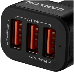 CANYON C-06 Universal 3xUSB car adapter Input 12V-24V Output 5V-3.1A black rubber coating+black metal ring - thumbnail 4