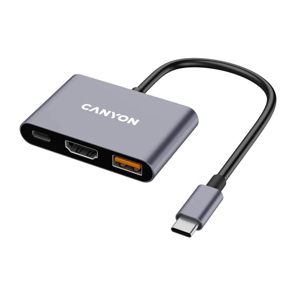 CANYON USB-C Hub DS-4 3in1 Sivi - USB-C 3.2 Gen 1, USB-A 3.2 Gen 1, HDMI 4K@30Hz, USB-C Power Delivery - image 1