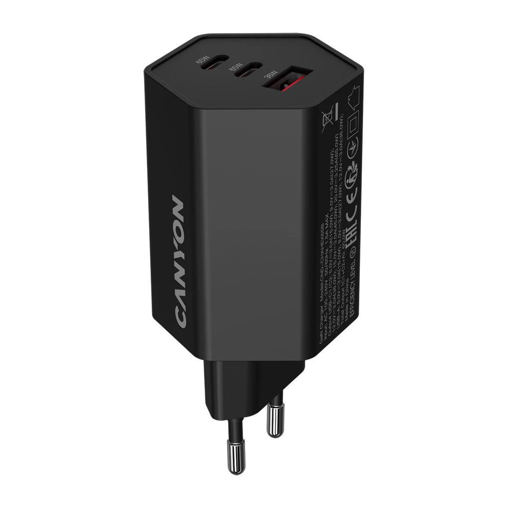 CANYON Punjač HEXAGON 65 GaN 65W 2xPD 1xQC EU Crni - image 1