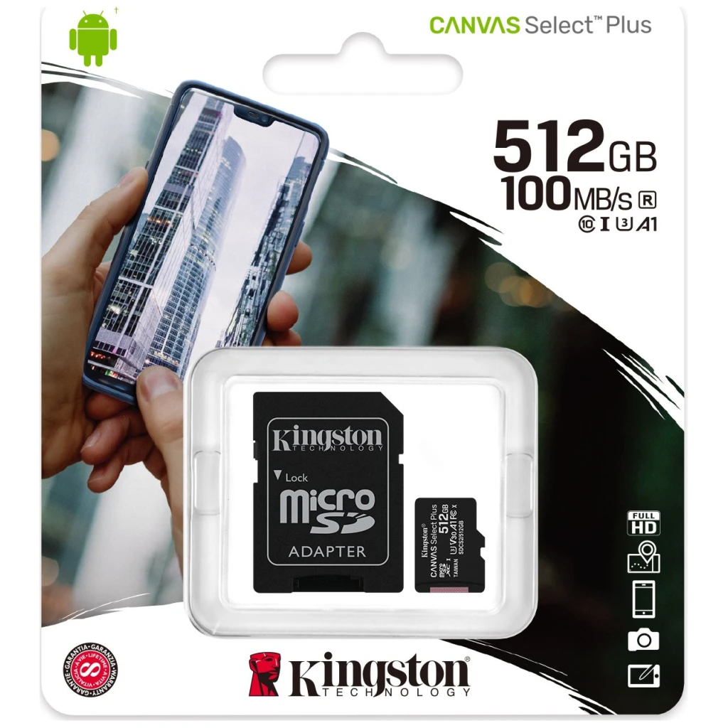 Kingston MicroSD 512GB Class10Canvas Select Plus;SD adapter100/85MBs,Class 10 UHS-I, U3, V30 - image 1