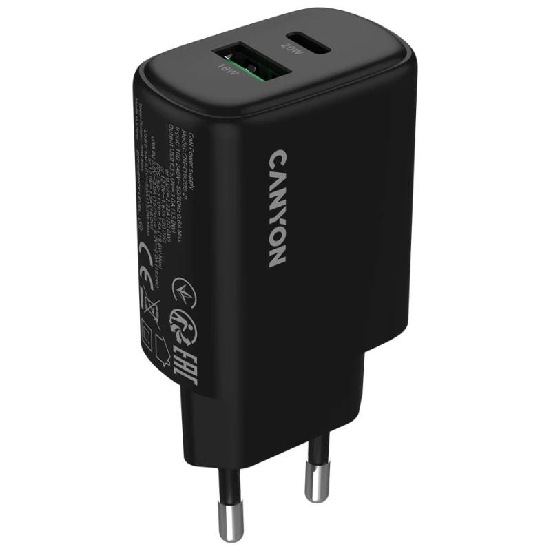 Canyon Punjač OnCharge 200 20W, 1x PD, 1x QC, EU, Crni – Brzo punjenje, Kompaktni dizajn - image 1
