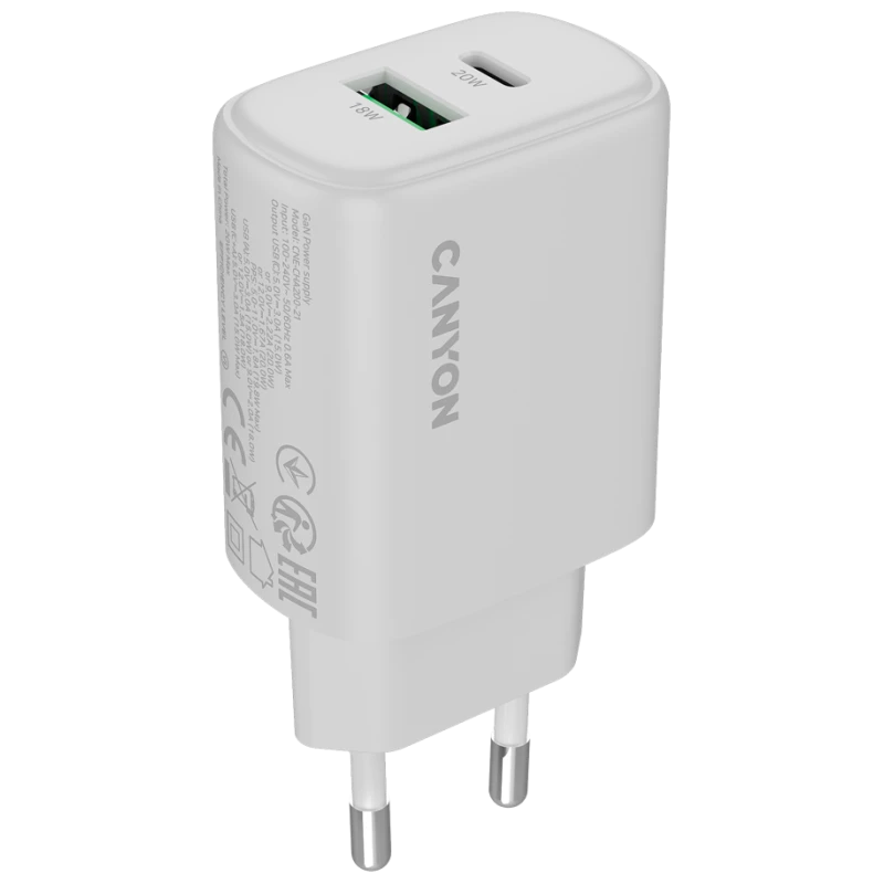 CANYON Punjač OnCharge 200 20W, 1xPD, 1xQC, EU, Bijeli – Brzo punjenje i univerzalna kompatibilnost - image 1