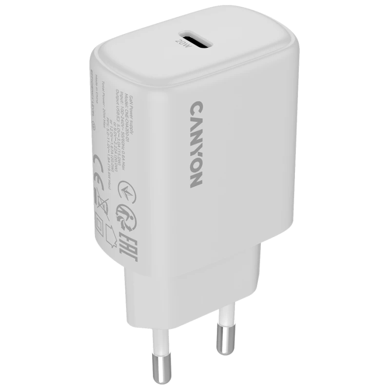 Canyon Punjač OnCharge 200 20W, 1xPD, EU, Bijeli – Brzo punjenje, Kompaktna veličina - image 1