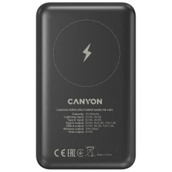 Canyon Eksterni punjač PB-1001 10000 mAh, 18W PD, QC 3.0, Bežično punjenje 10W, Crni - thumbnail 4