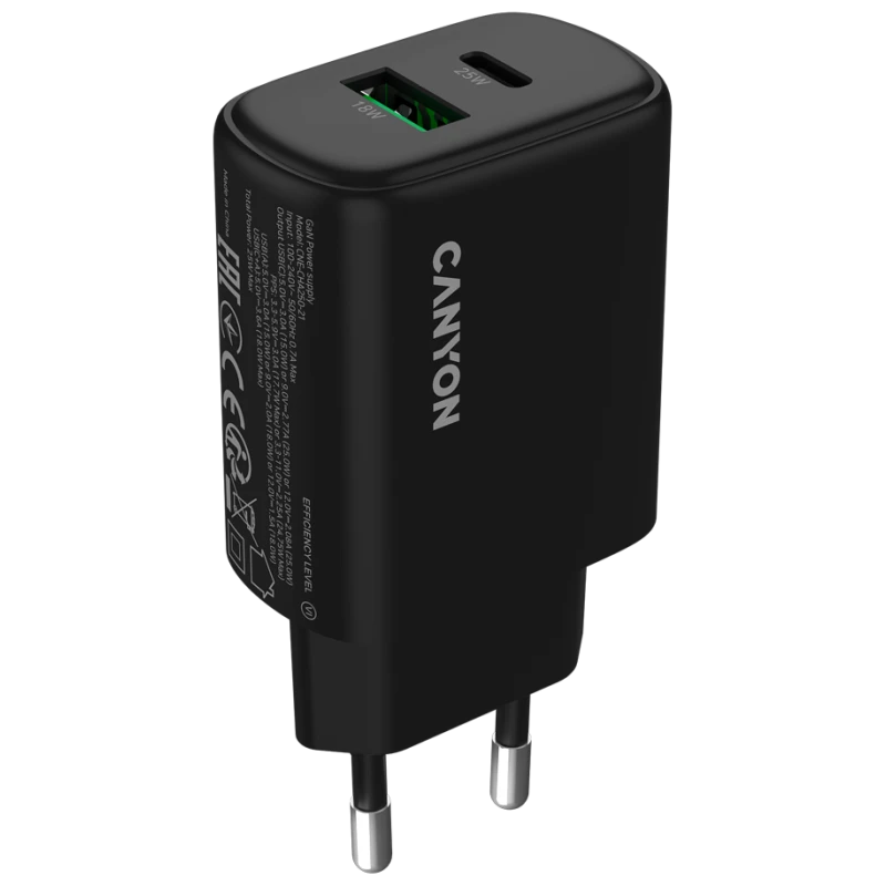Canyon Punjač OnCharge 250 25W, 1xPD, 1xQC, EU, Crni - Brzo punjenje, univerzalna kompatibilnost - image 1