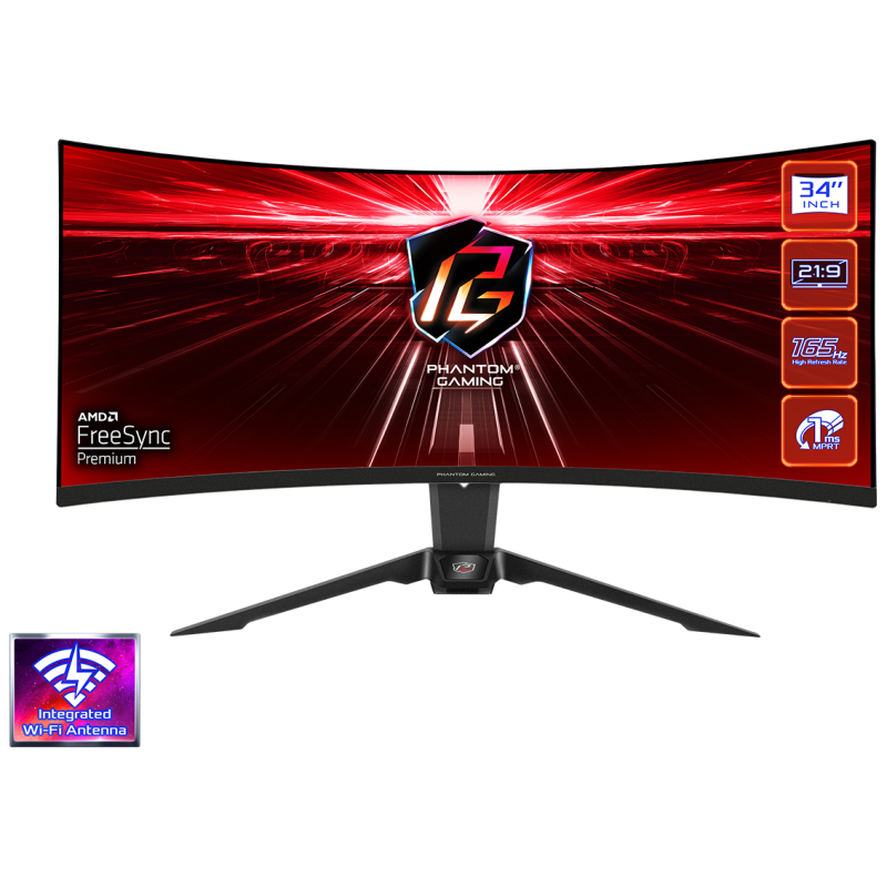 ASROCK MONITOR PG34WQ15R2B 34"CURVED GAMING;WQHD;165Hz;1ms;2xHDMI,DP;Speaker,High,Swivel,Tilt,WiFi - image 1