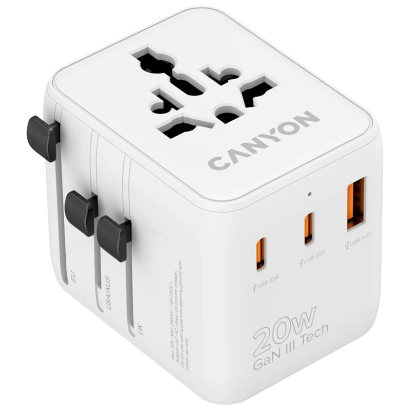CANYON Putni Adapter OnTour 20 CNS-TA20W1005W  Punite Sva 4 Tipa Utičnica, 20W USB-C Brzo Punjenje - image 1